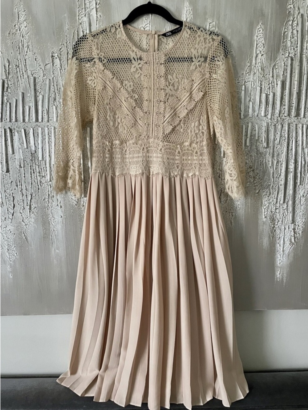 Zara Lace Crochet Midi Dress in Light Beige nude blush